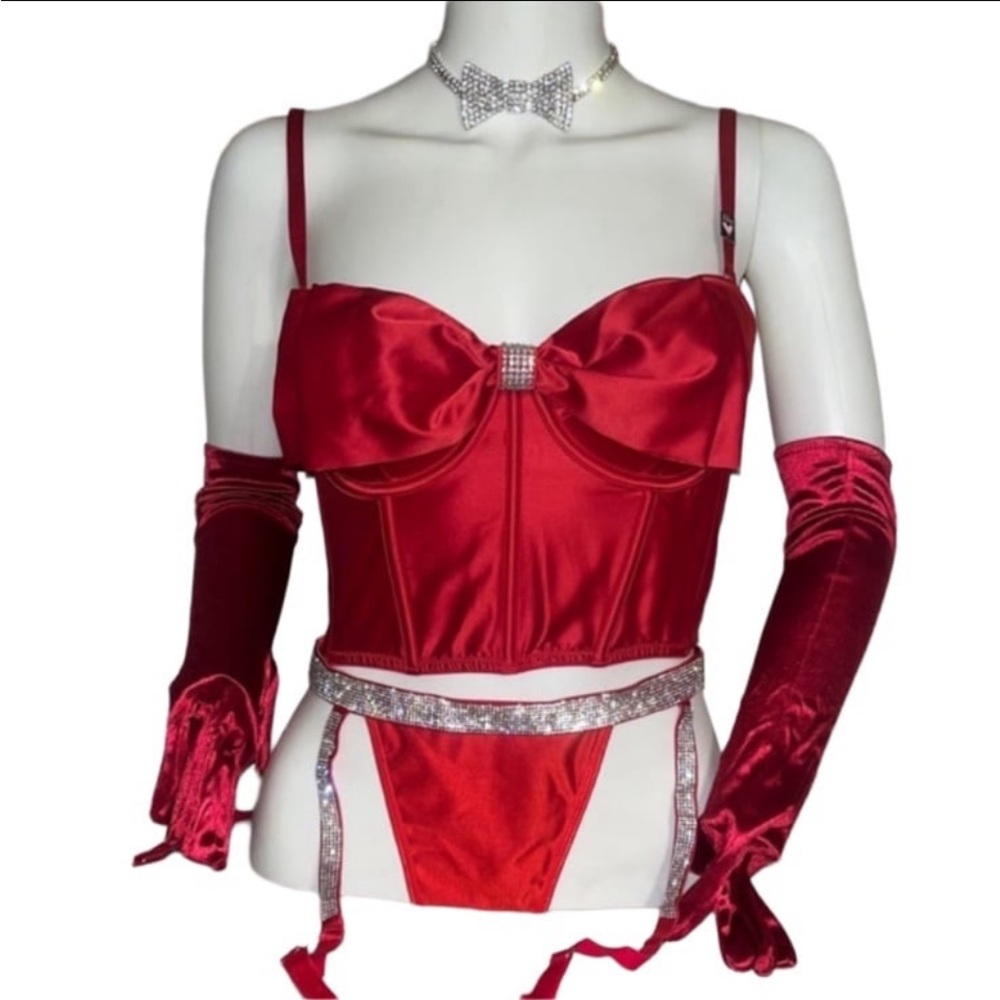 6 PC Victoria Secret Holiday Rhinestone Bow Tie Corset, Lingerie Garter Set